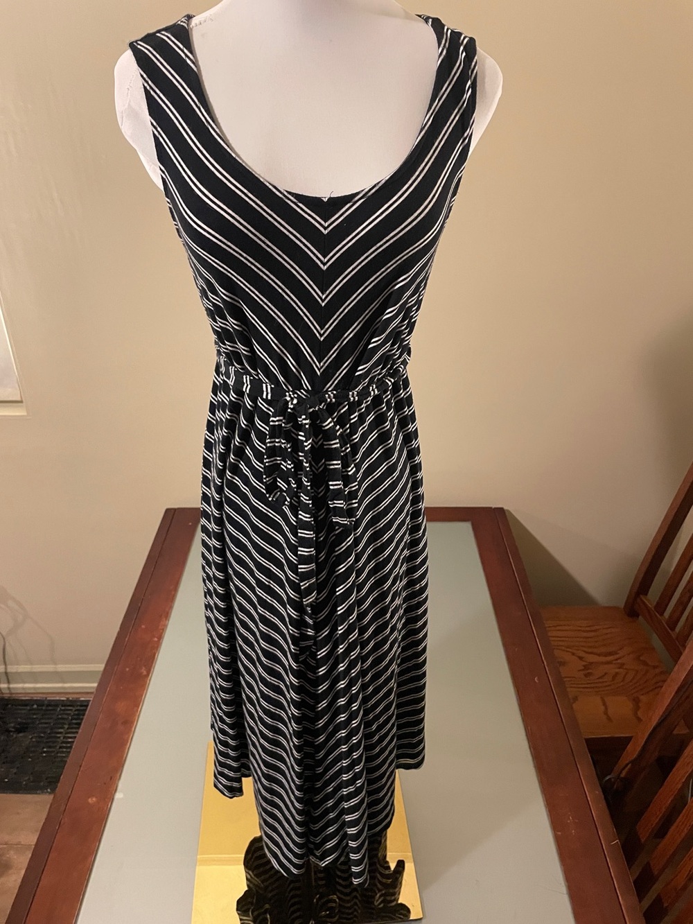 Striped Black and White Sleeveless Maxi Dress with Tie Waist